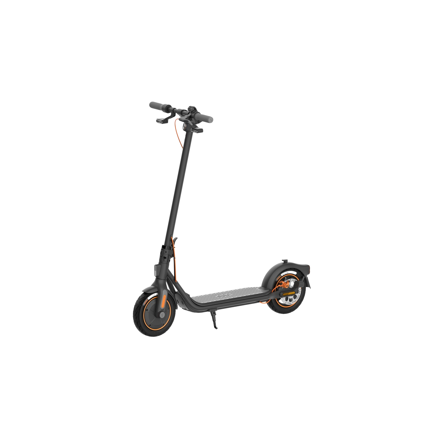 Zwarte elektrische scooter met oranje accenten. Zwart frame, oranje wiel en stuur.