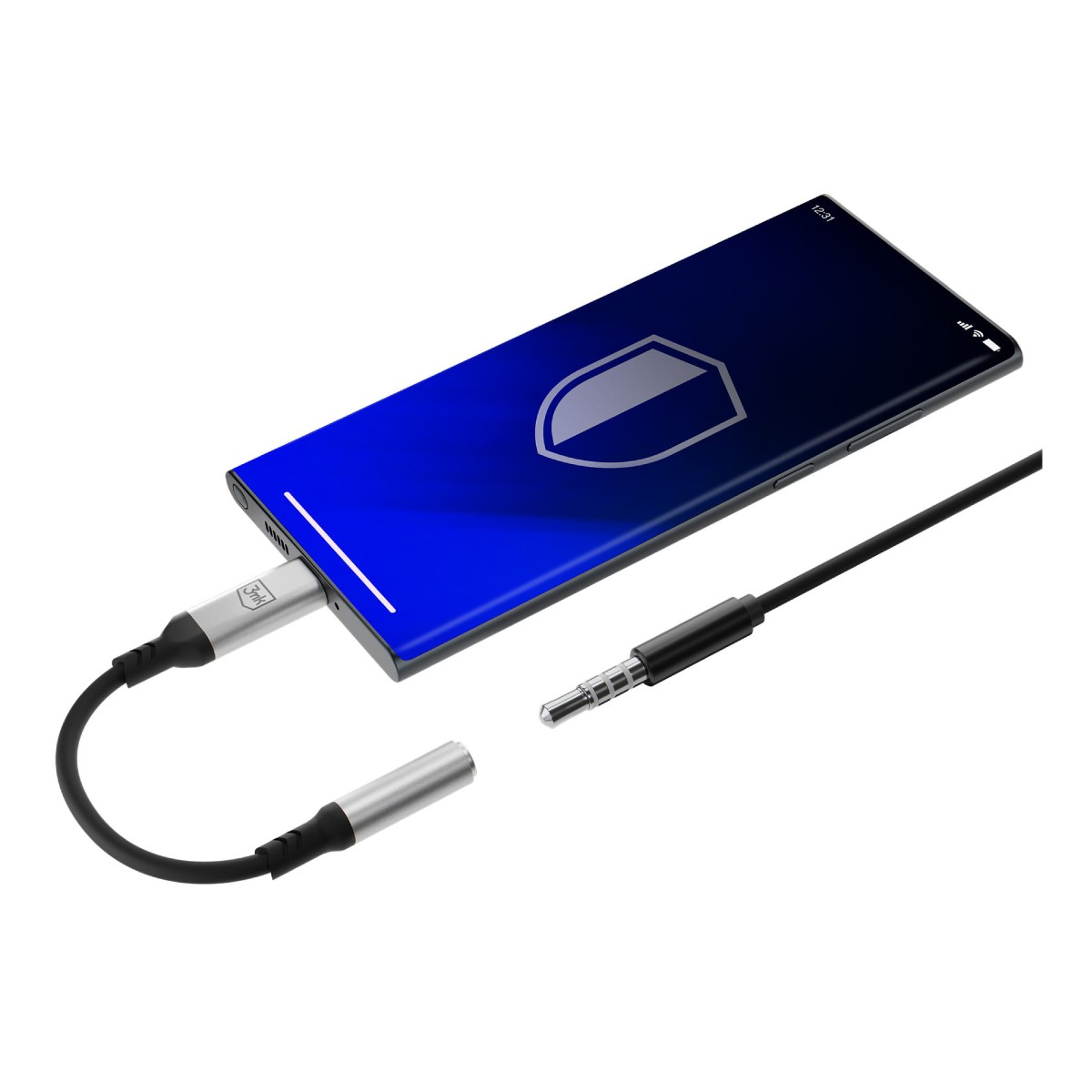 Smartfon z podłączoną ładowarką. Kabel łączy się ze srebrnym adapterem. Telefon wyświetla ikonę tarczy.