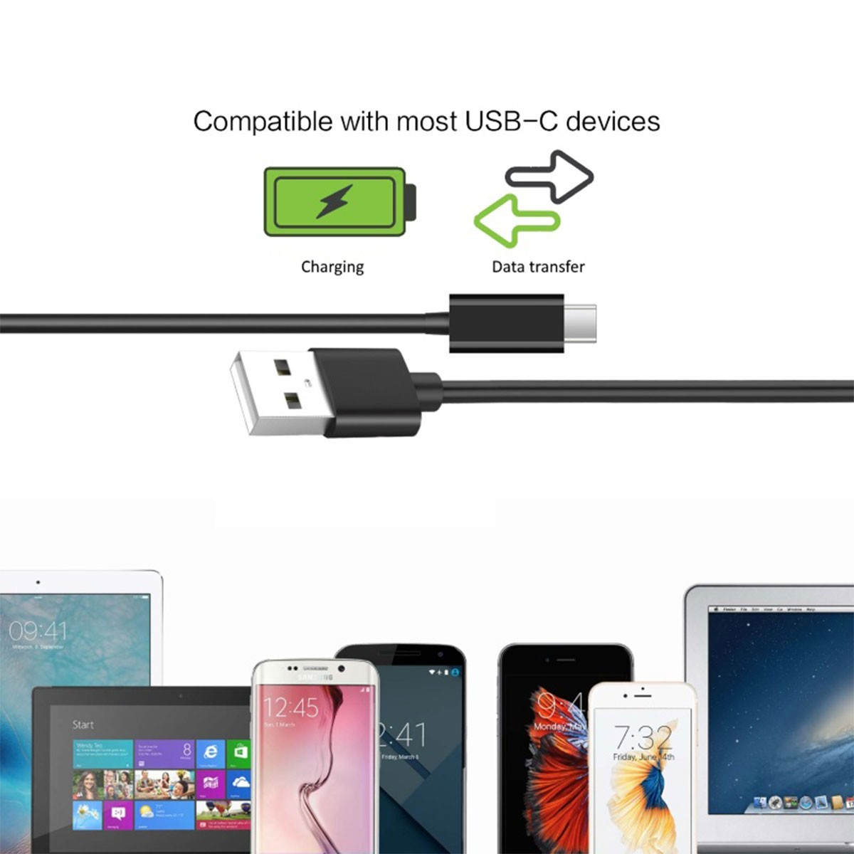 A black USB-C cable connected to a USB port, with icons for charging and data transfer above.
