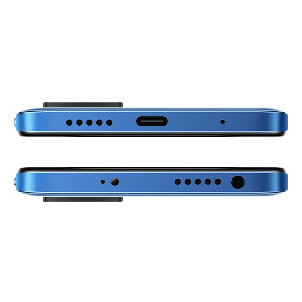 Dwa niebieskie telefony, pokazujące dolną i górną stronę. Z bliska.