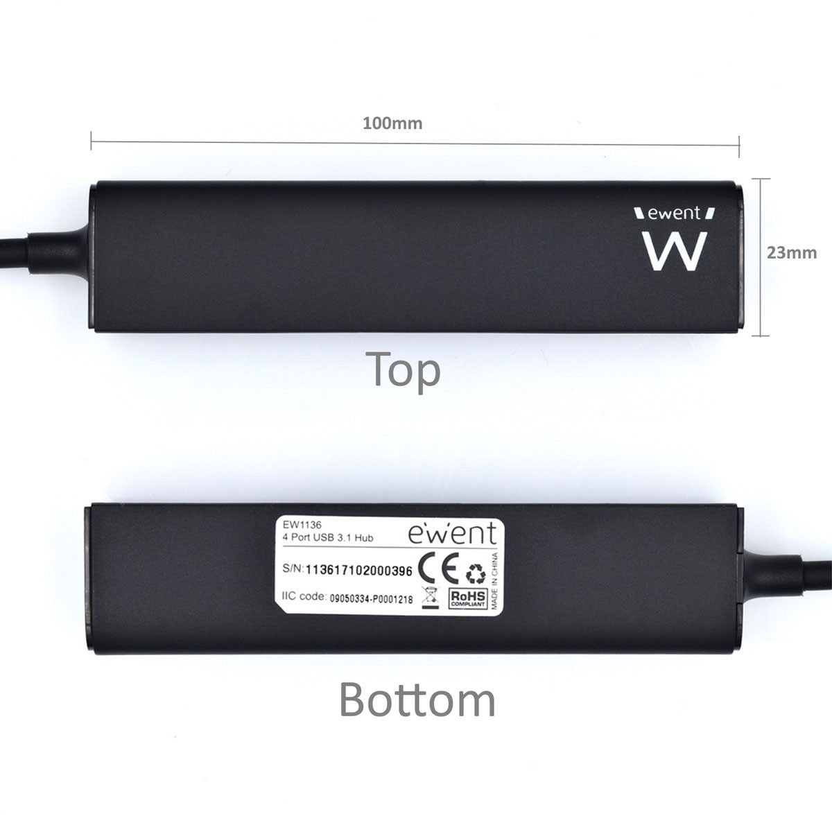 Schwarzer USB-Hub mit dem Text 'e-vent' oben. Abmessungen: 100 mm x 23 mm. Unterseite zeigt Produktdetails.