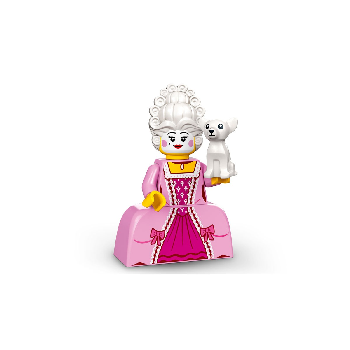Eine Lego-Figur einer Frau in rosa Kleid, weißer Perücke, die eine weiße Hunde-Figur hält.