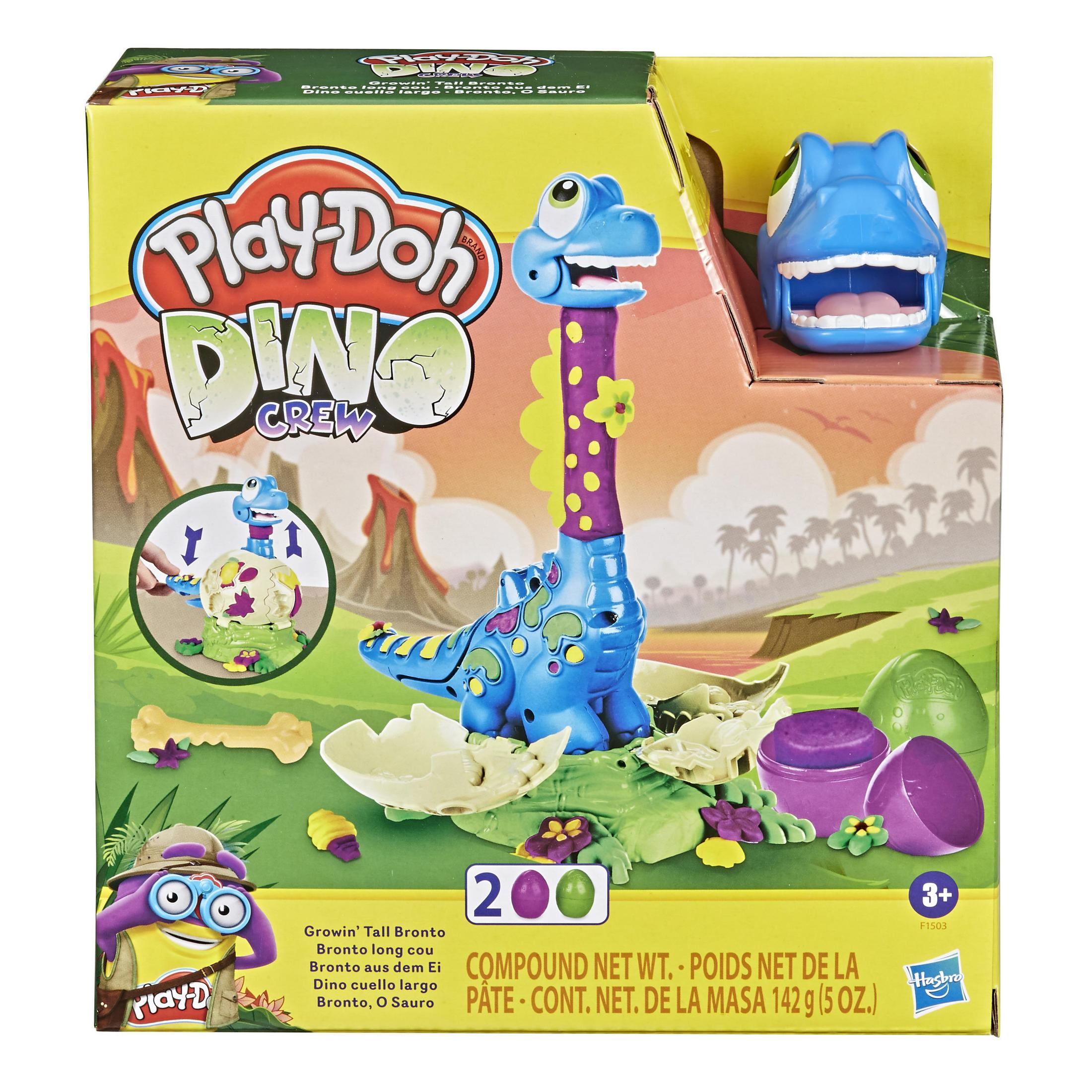 Set de juguetes Play-Doh Dino Crew. Incluye figuras de dinosaurios, Play-Doh y accesorios en una caja.