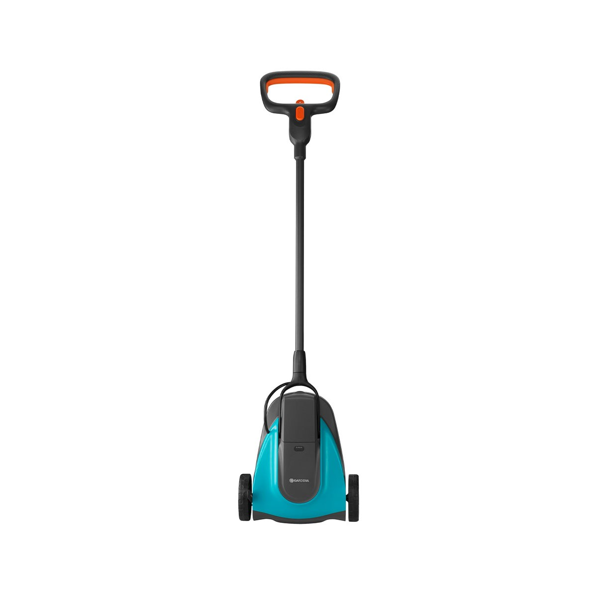 Ein türkisfarbener und schwarzer Außenbesen. Es hat einen langen Griff und zwei Räder, konzipiert für Gartenarbeiten.