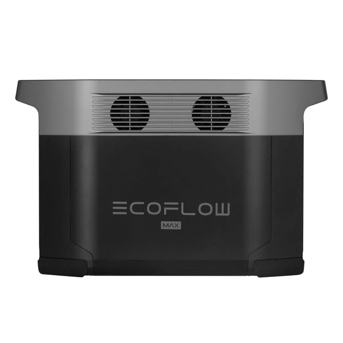 Eine schwarze und graue tragbare EcoFlow Max Powerstation, mit Lüftungsschlitzen und dem EcoFlow Max Logo.