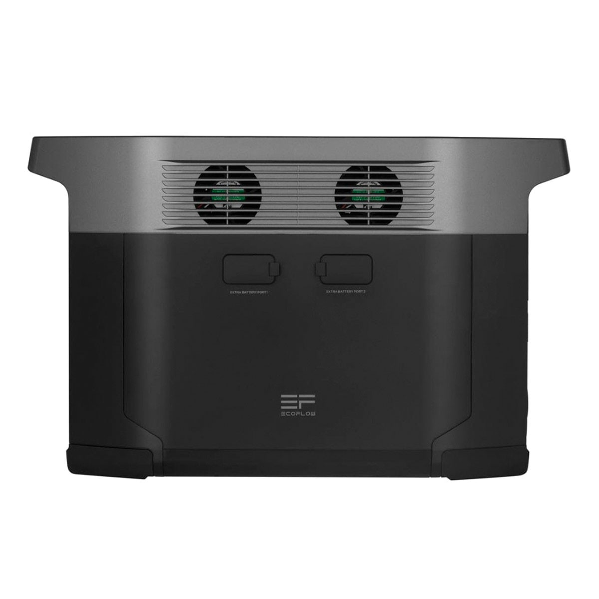 Schwarze Powerstation mit Lüfteröffnungen und zusätzlichen Batterieanschlüssen.