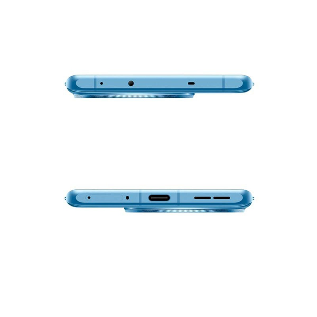 Die obere und untere Kante eines blauen Telefons mit mehreren Löchern.
