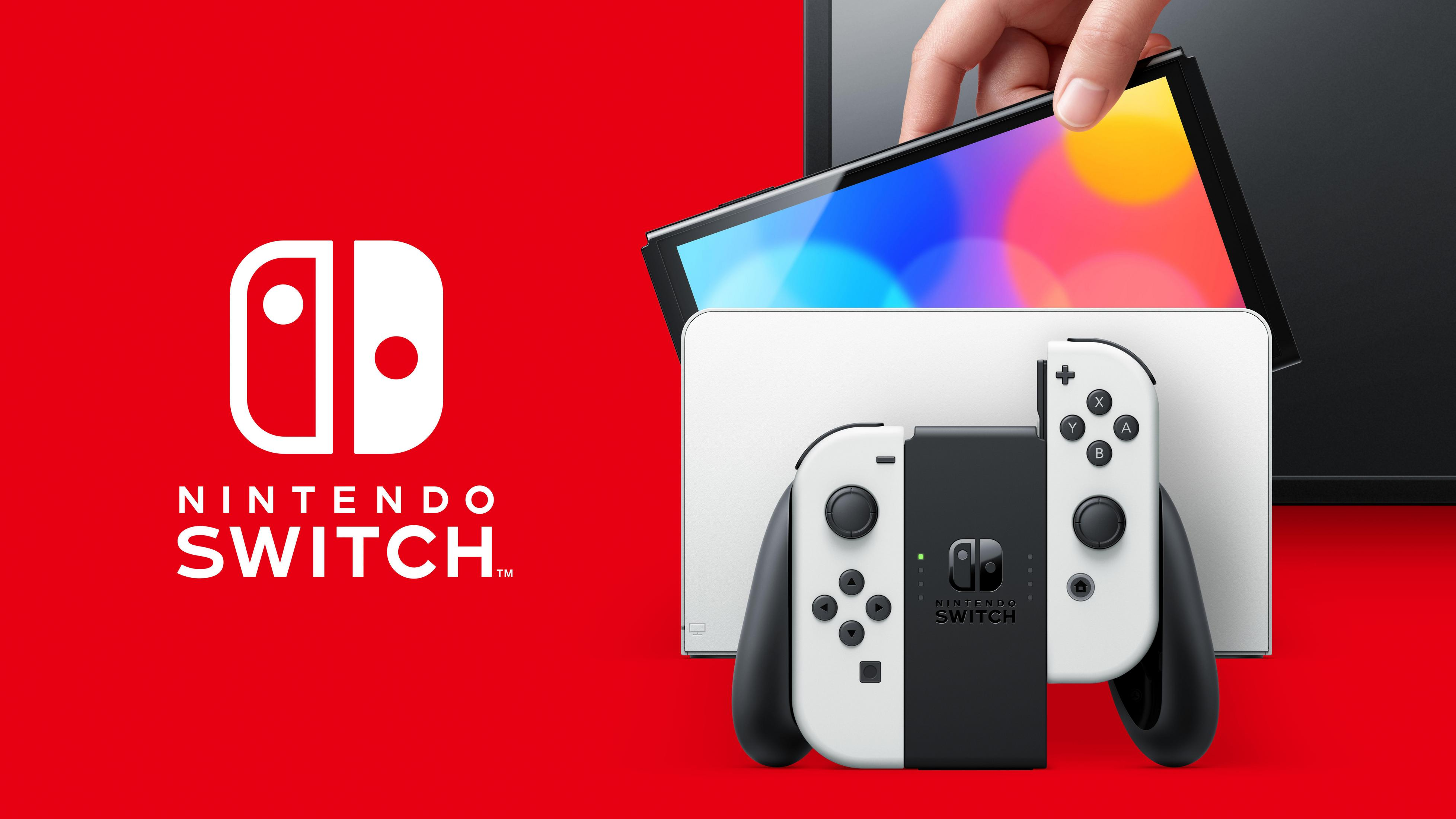 Konsola Nintendo Switch z białymi i czarnymi kontrolerami, czerwonym tłem i logo Nintendo.