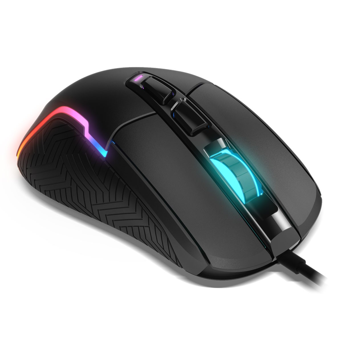 Zwarte gamingmuis met RGB-verlichting. Voorzien van knoppen, scrollwiel en grip.