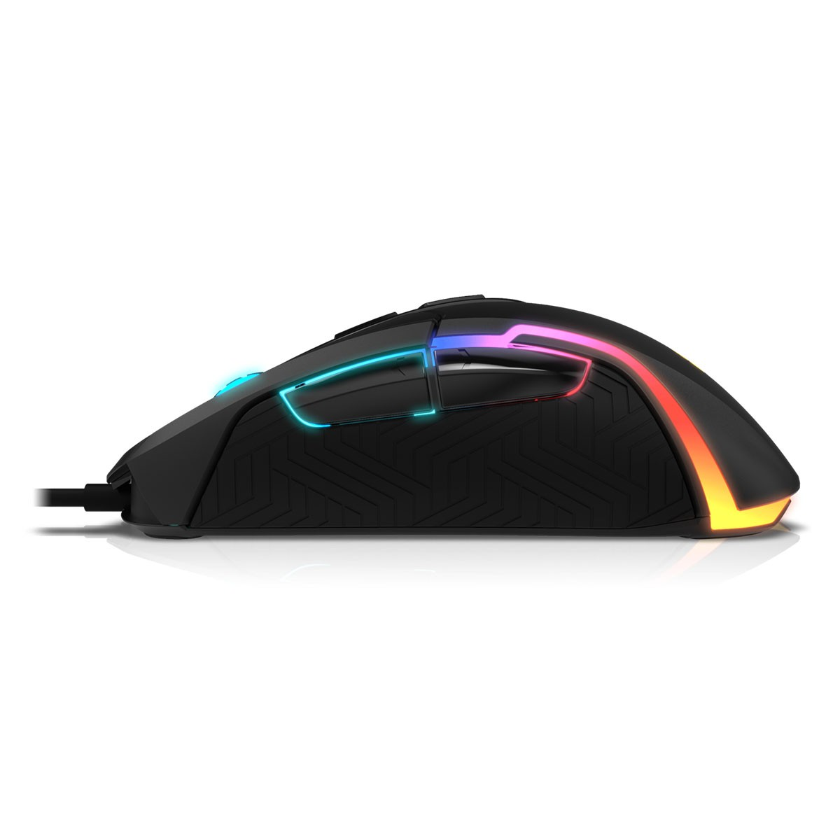 Een zwarte gamingmuis met kleurrijke verlichting en een bedrade verbinding.