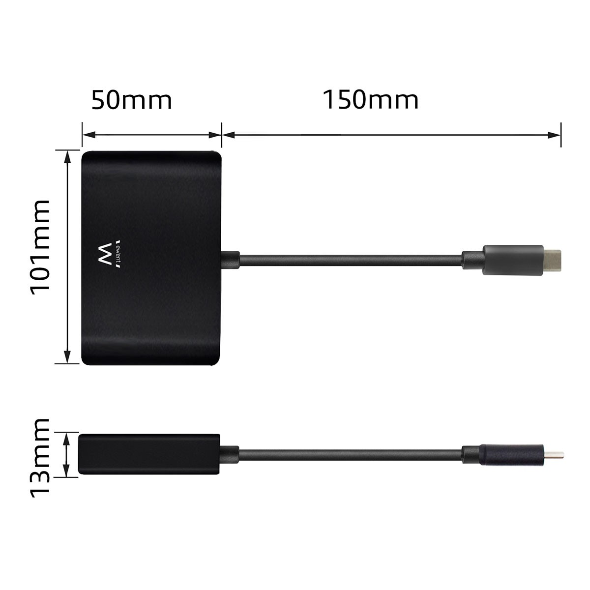 Concentrador USB negro con dimensiones. Tiene un puerto USB-C y USB.