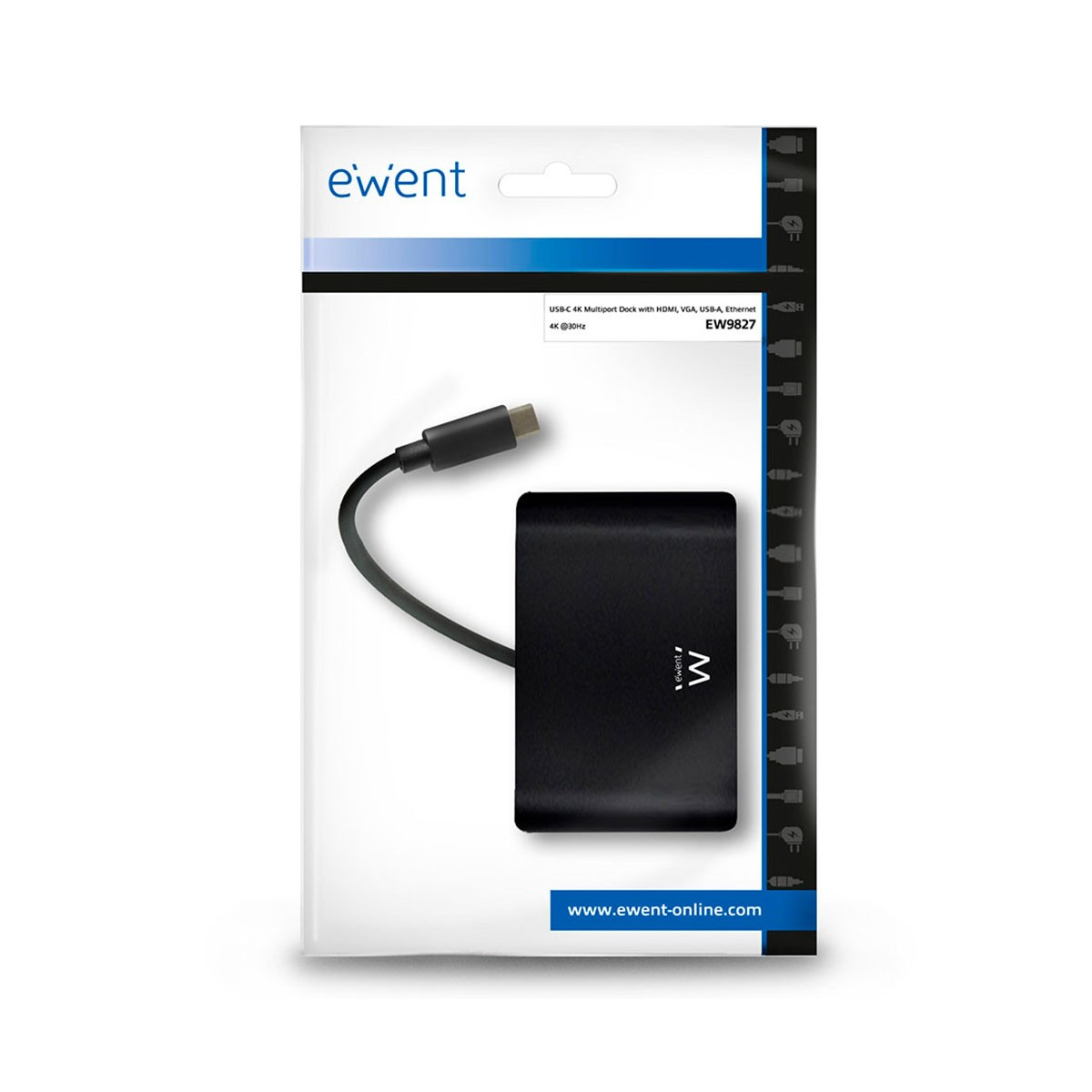 Un dock multipuerto USB-C negro con cable adjunto, presentado en un paquete blanco y azul.