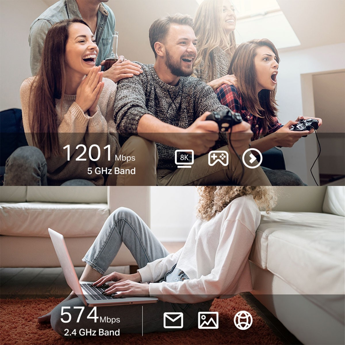 Dwie grupy ludzi, jedna grająca, druga pracująca na laptopie, ze wskaźnikami prędkości internetu.