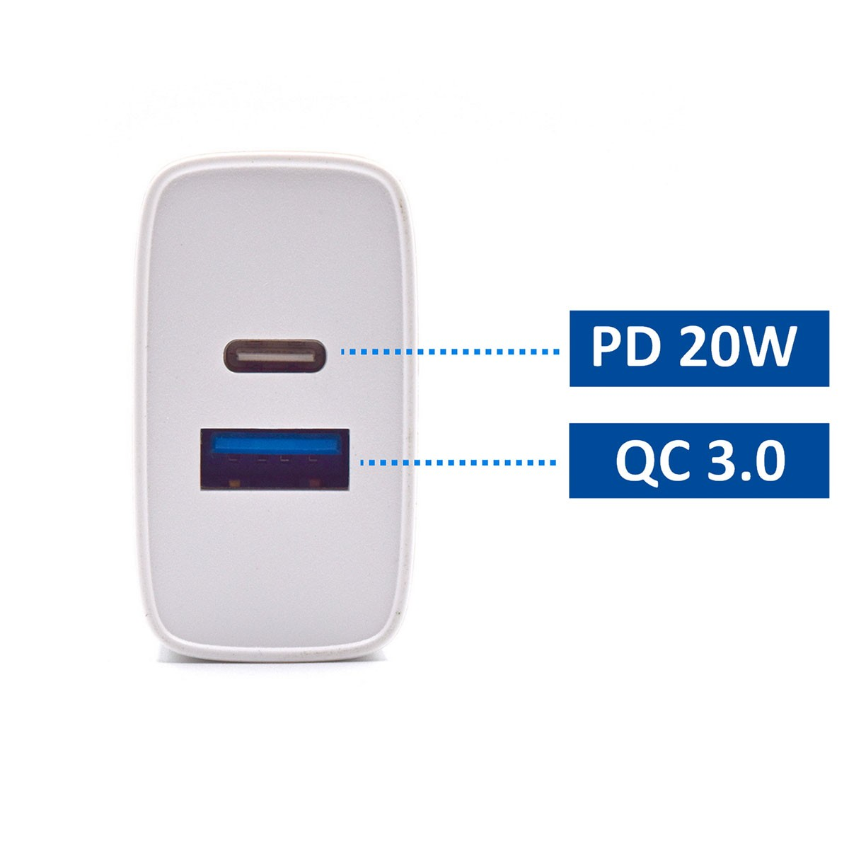 Adattatore di alimentazione bianco con due porte, etichettato PD 20W e QC 3.0.