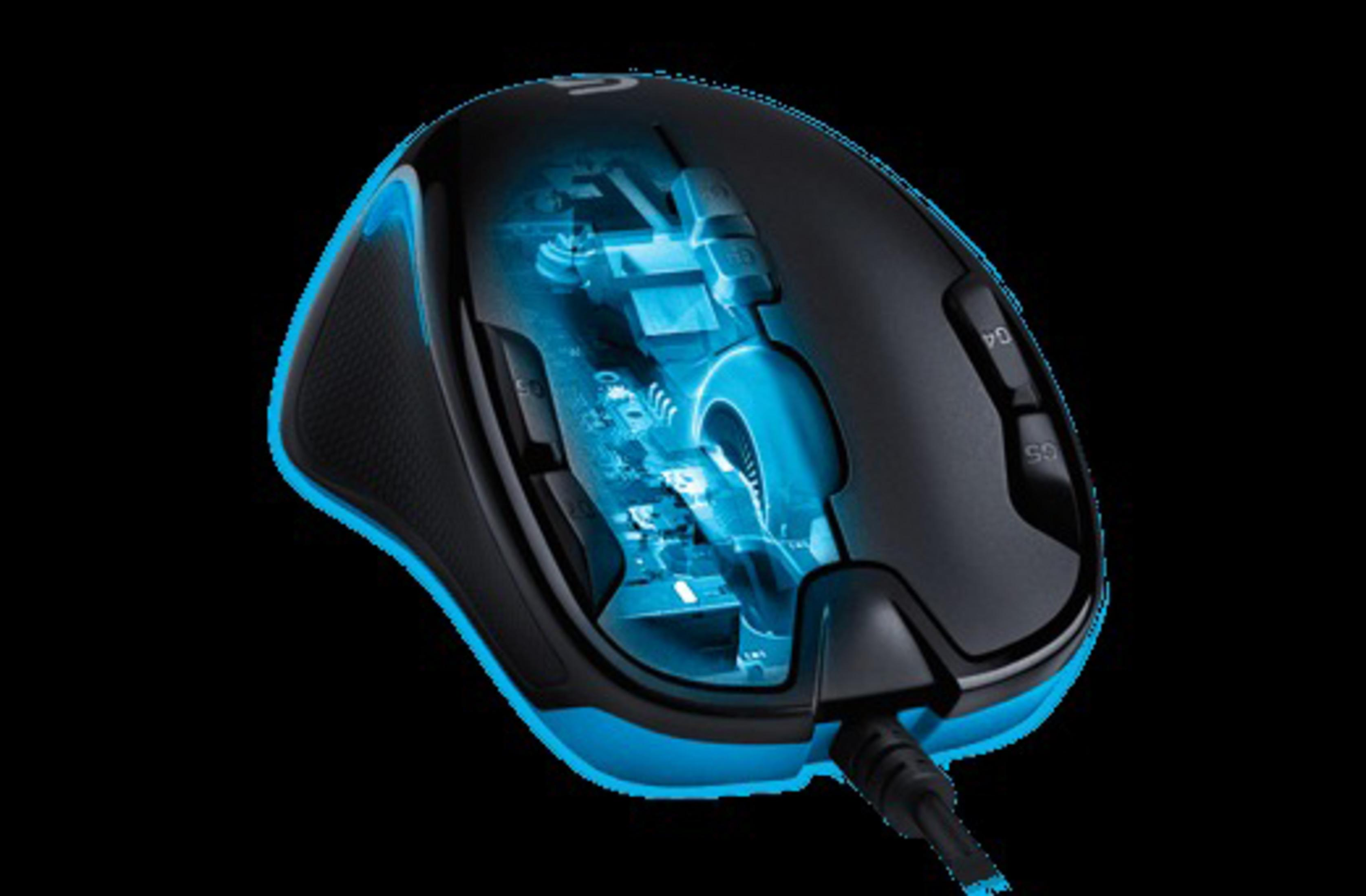 Mysz dla graczy, czarno-niebieska, z przezroczystą sekcją pokazującą komponenty wewnętrzne.
