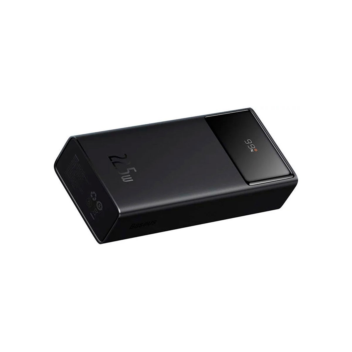Eine schwarze Powerbank mit '22,5 W' Aufdruck und einem Bildschirm, der den Akkustand anzeigt.