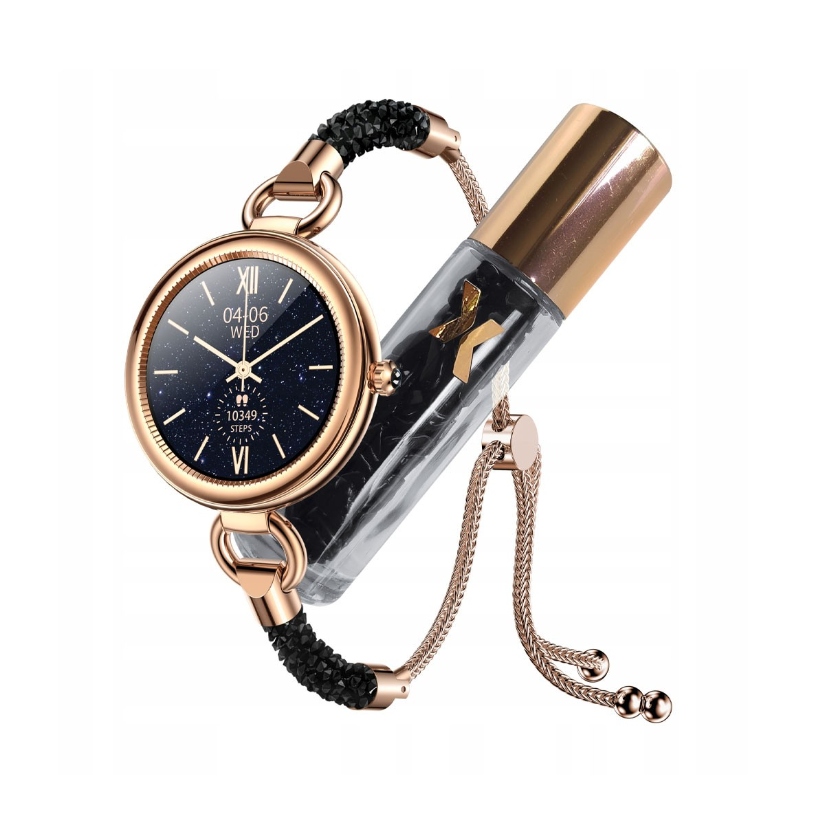Eine roségoldene Smartwatch mit schwarzem Armband, sternförmigem Zifferblatt und klarem Behälter mit Stein.