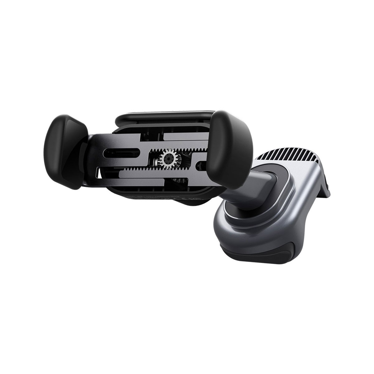 Uchwyt samochodowy na telefon z regulowanymi ramionami i obrotowym przegubem kulowym, w kolorze czarnym i szarym.