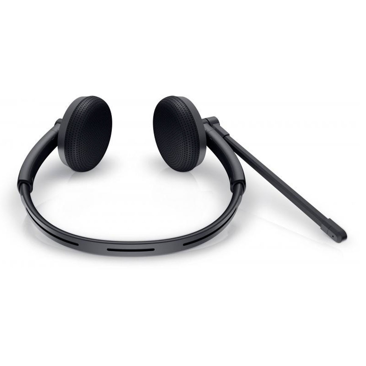 Schwarzes Headset. Das Headset hat Ohrmuscheln und ein Mikrofon am flexiblen Arm.