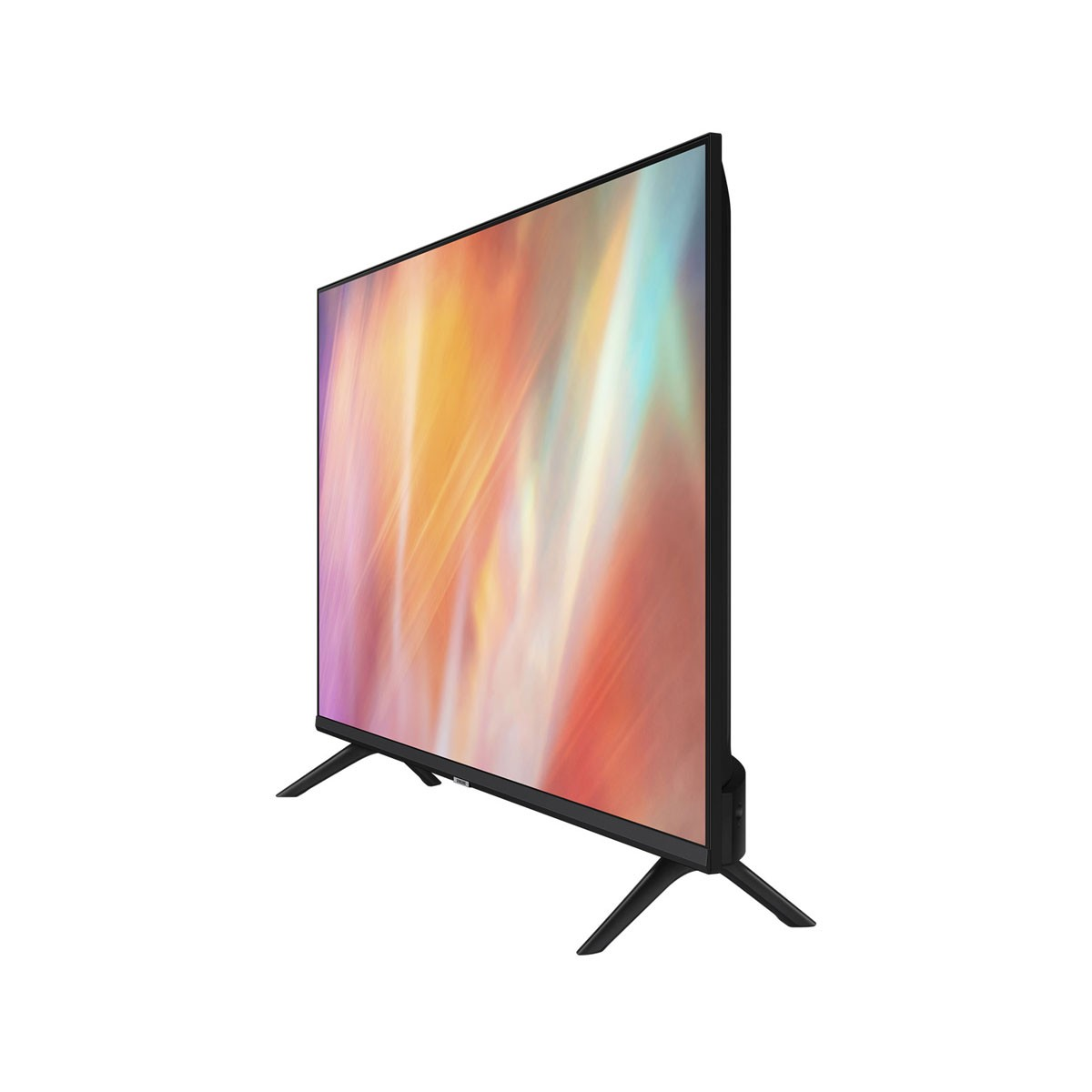 Duży, nowoczesny telewizor na stojaku. Ekran wyświetla kolorowy, abstrakcyjny obraz.