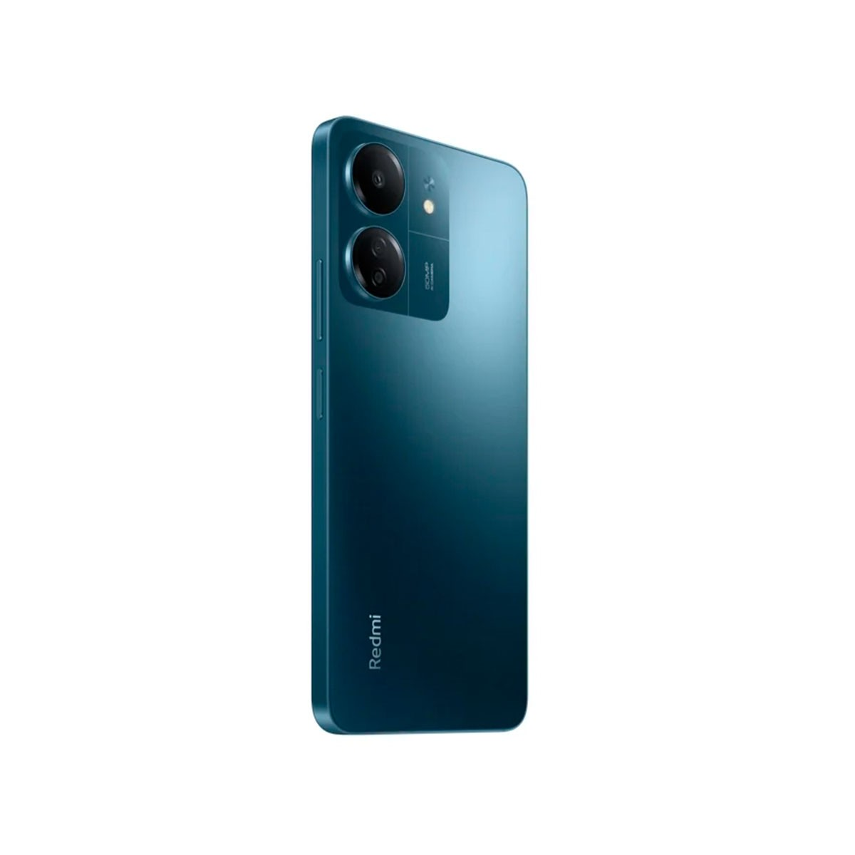 Türkisfarbenes Telefon, Rückansicht, mit zwei Kameras und dem Redmi-Logo.