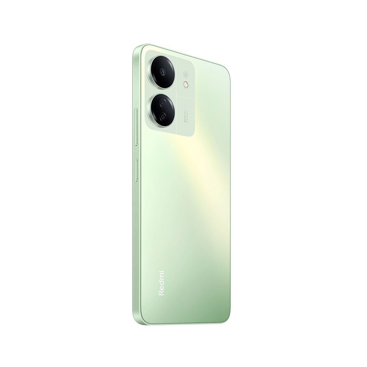 Ein hellgrünes Smartphone mit Dual-Kameras, Redmi-Logo und einer gewölbten Rückseite.