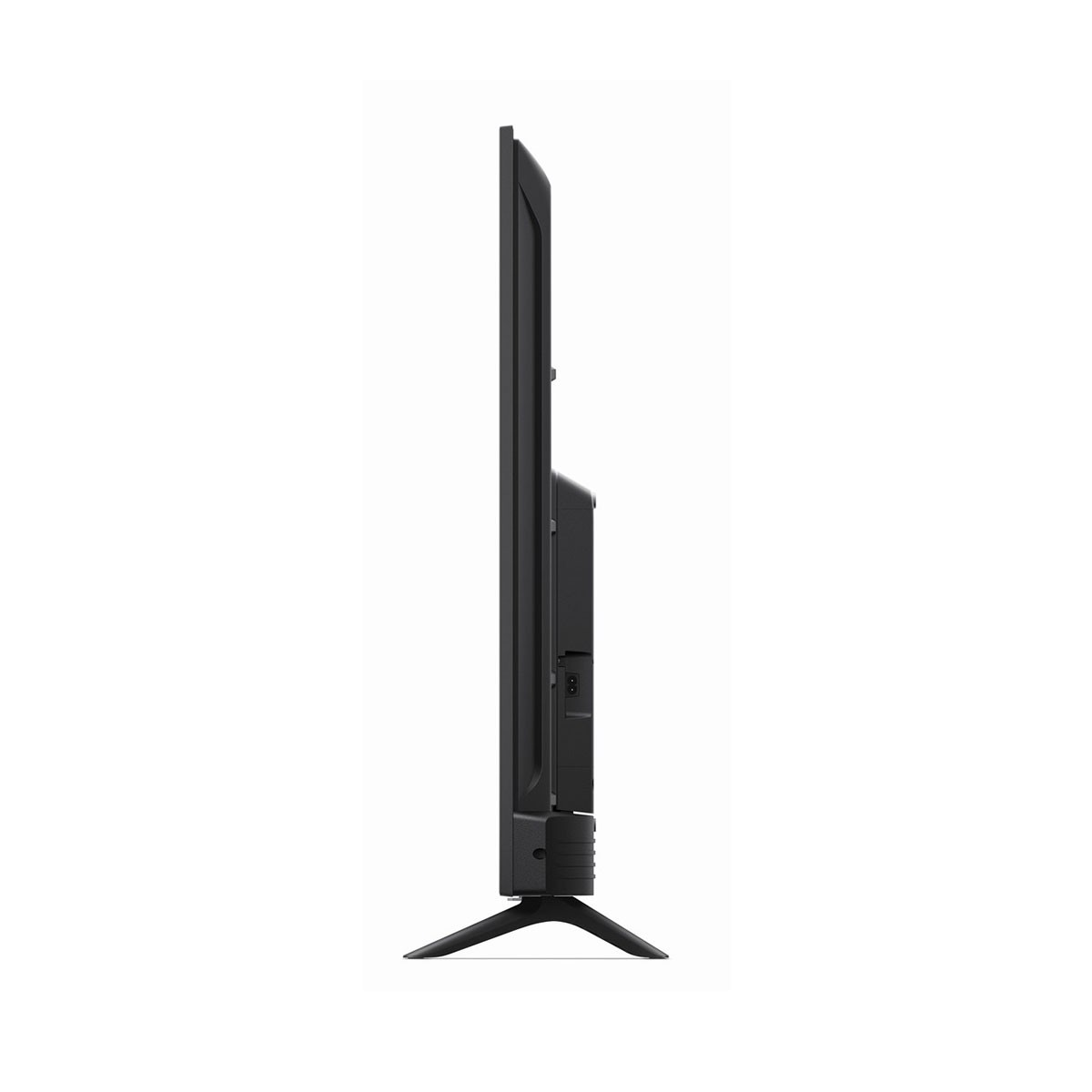 Televisor negro de lado sobre fondo blanco, perfil lateral con soporte.