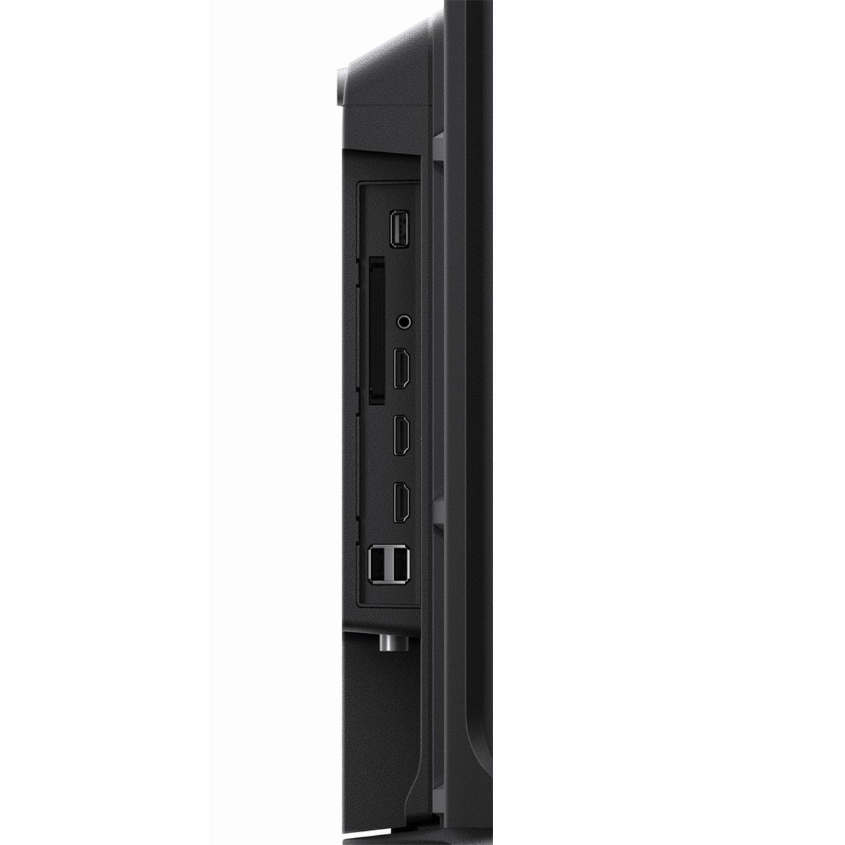Vista lateral de un dispositivo negro con puertos. Contiene USB, HDMI y otros puertos. Fondo blanco.