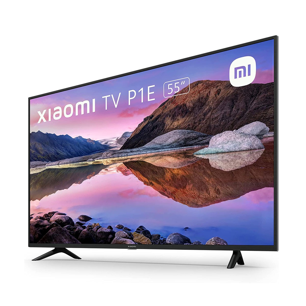 Pantalla de TV grande con escena de naturaleza. Está sobre un soporte.