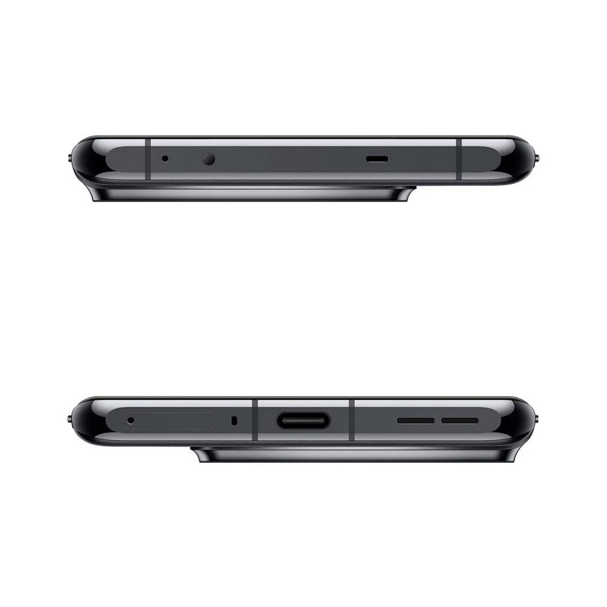 Top and bottom views of a black smartphone.