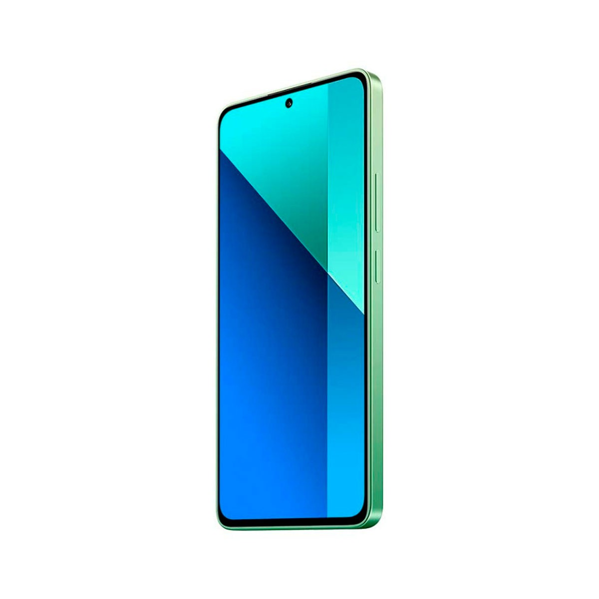Ein grünes Smartphone mit blauem Bildschirm, aus einem Winkel betrachtet.