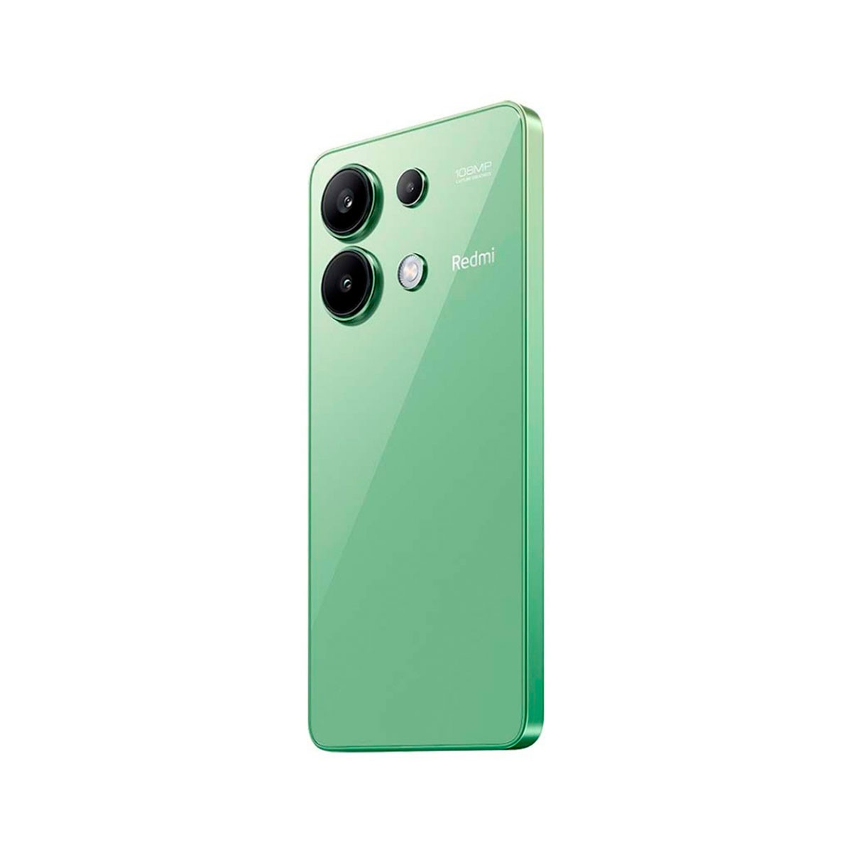 Grünes Smartphone mit zwei Kameras und einem Redmi-Logo auf weißem Hintergrund.