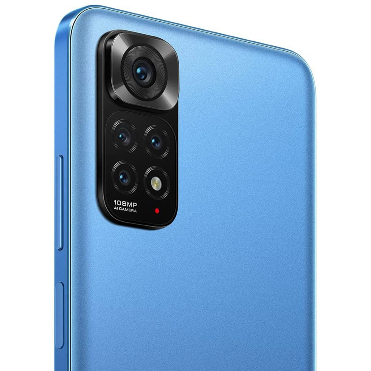 Close-up of a blue phone's camera module. It has four lenses and a flash.