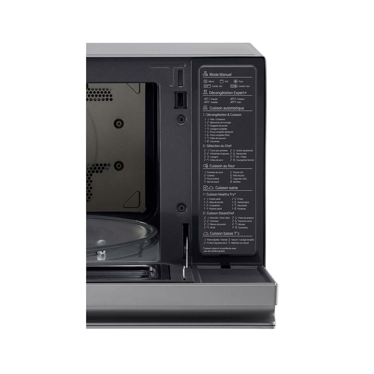 Kuchenka mikrofalowa z otwartymi drzwiami, panelem sterowania i szklanym talerzem w środku.