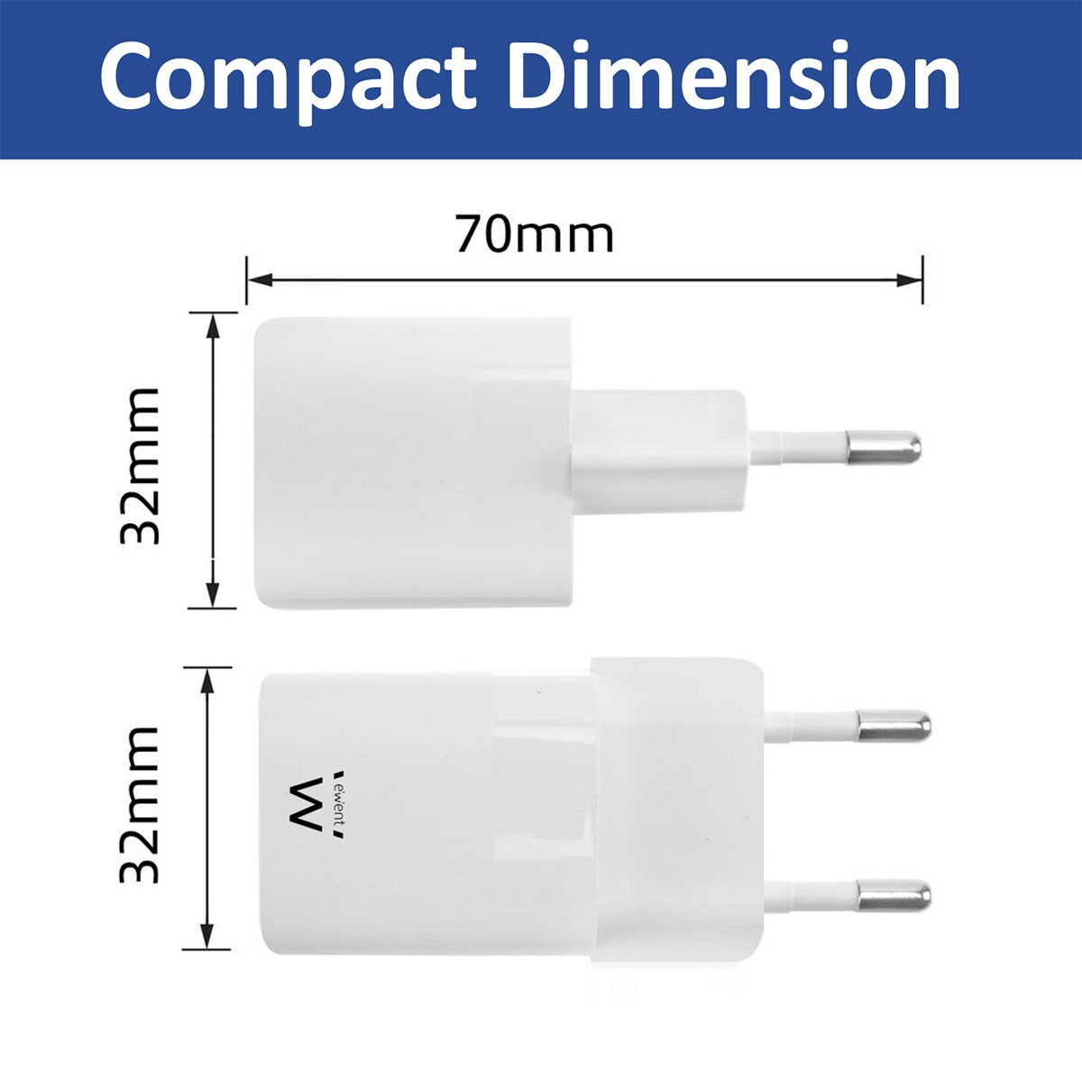 Dos cargadores blancos con una ilustración de dimensiones compactas, que muestra el tamaño en mm.