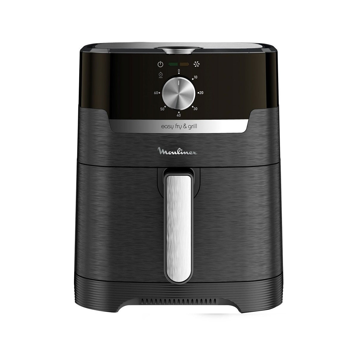 Czarna frytkownica powietrzna z uchwytem i panelem sterowania. Widoczne są słowa 'easy fry & grill'.