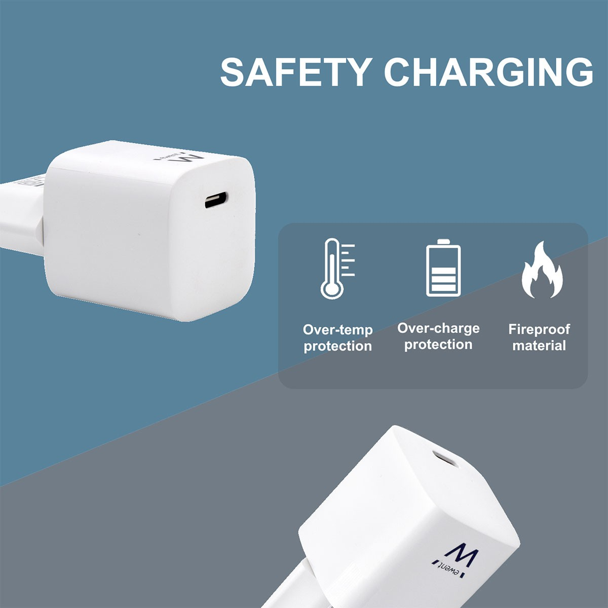 Adaptadores de carga blancos con iconos, texto de carga segura y fondo azul.