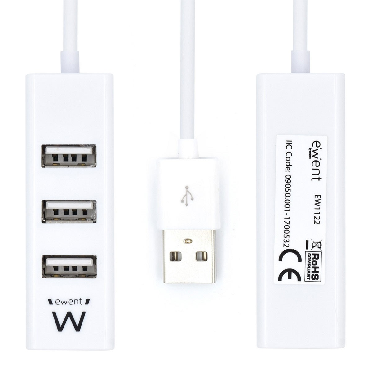 Tre viste di un hub USB bianco con tre porte e cavo, su sfondo bianco.