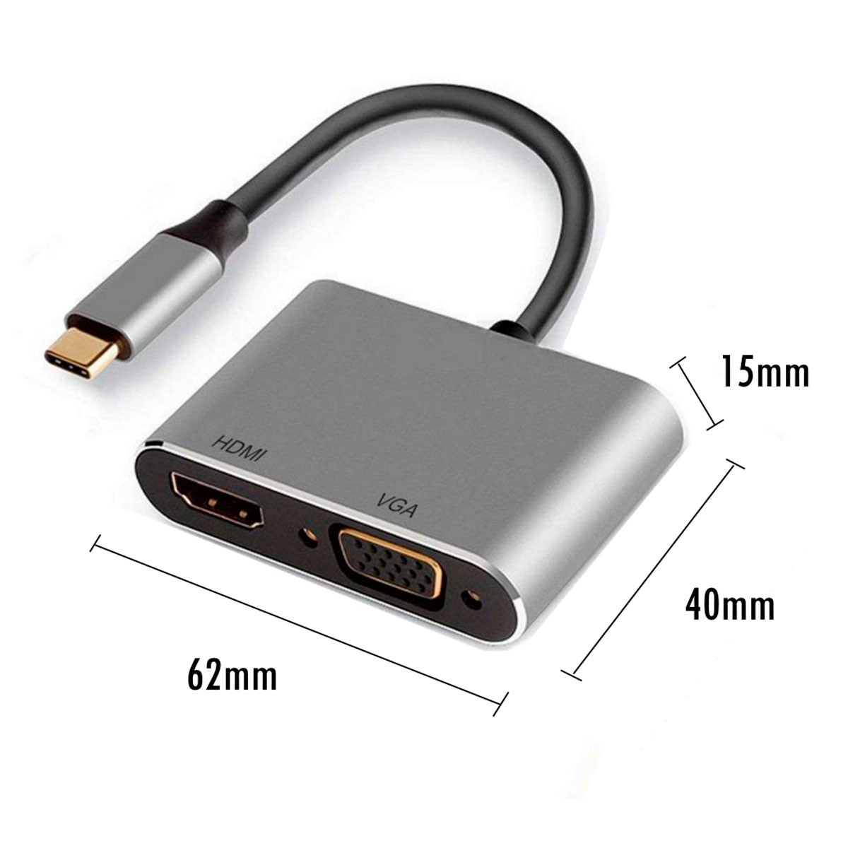 Srebrny adapter USB-C z portami HDMI i VGA. Widoczne wymiary. Białe tło.