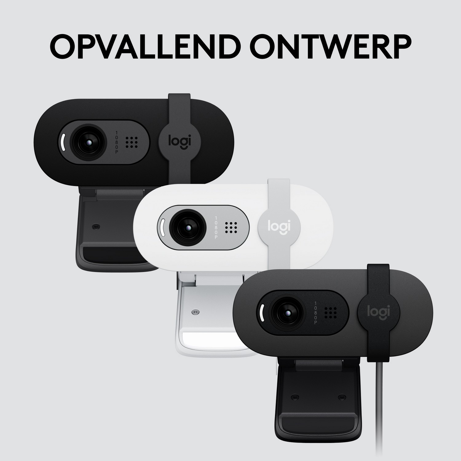 Trzy kamery internetowe Logi w różnych kolorach: czarny, biały i czarny. Wszystkie mają podobny design.