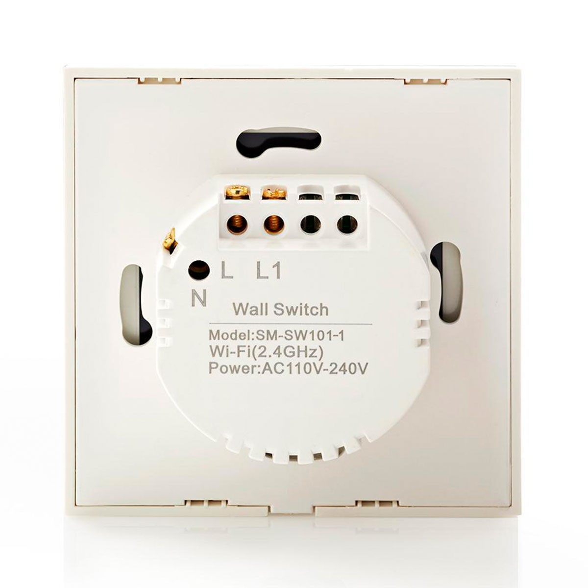 The back of a white wall switch. It has connection ports labeled and a Wi-Fi specification.