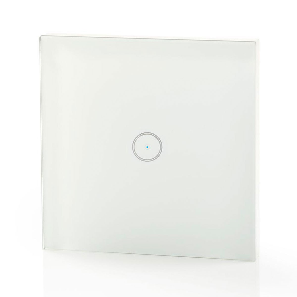 White square light switch with a small blue light in the center.