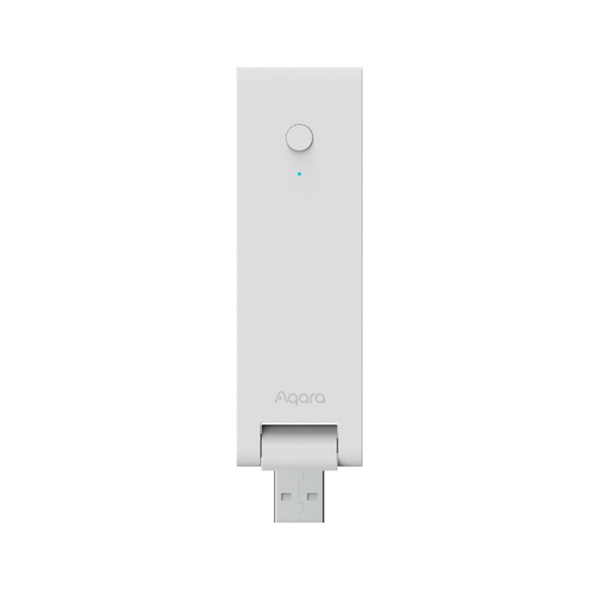 Ein weißes Aqara USB-Gerät, rechteckig mit einem USB-Anschluss unten und einem kleinen blauen Punkt oben.
