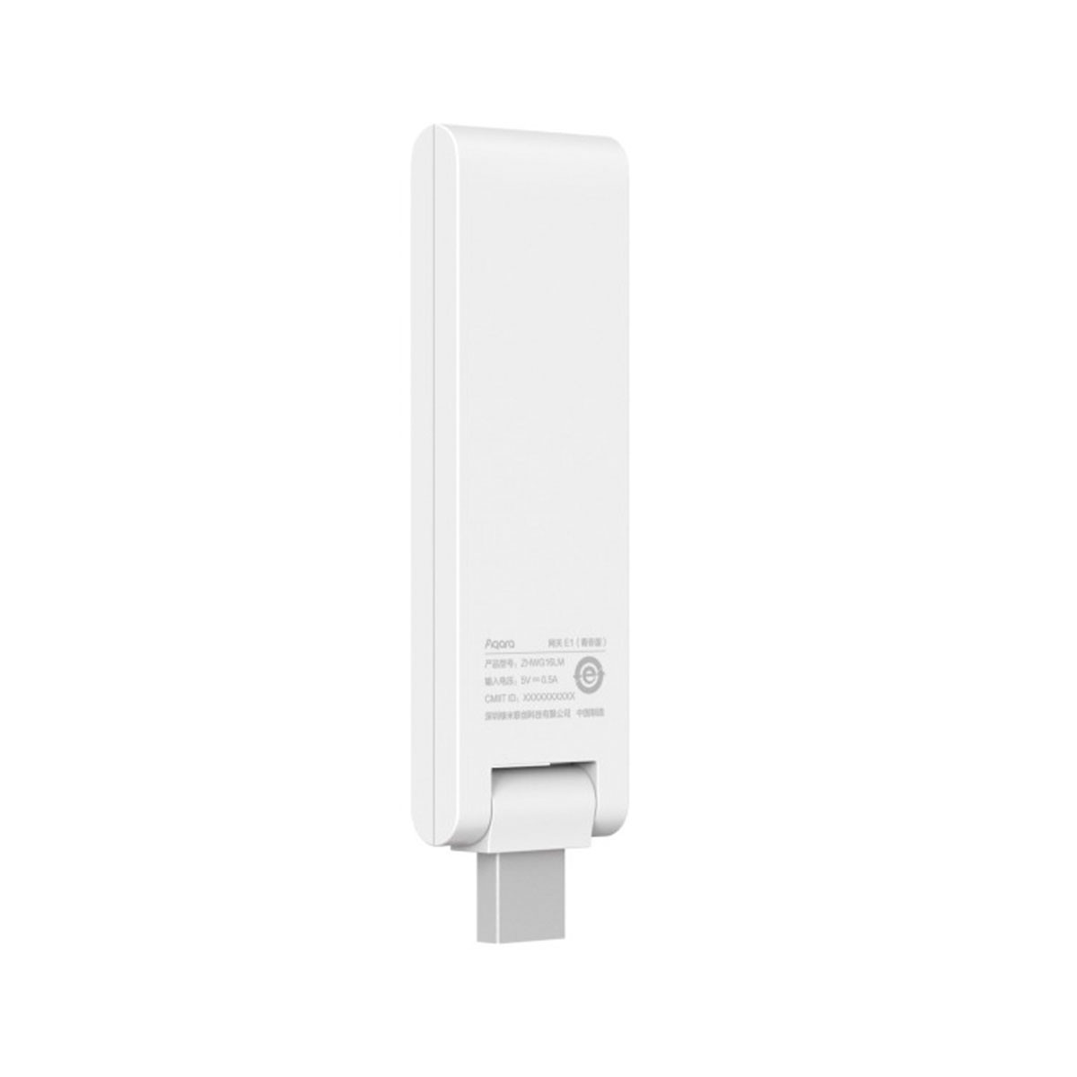 Adaptador USB blanco con el logo Aqara, conector USB-A y detalles del producto.