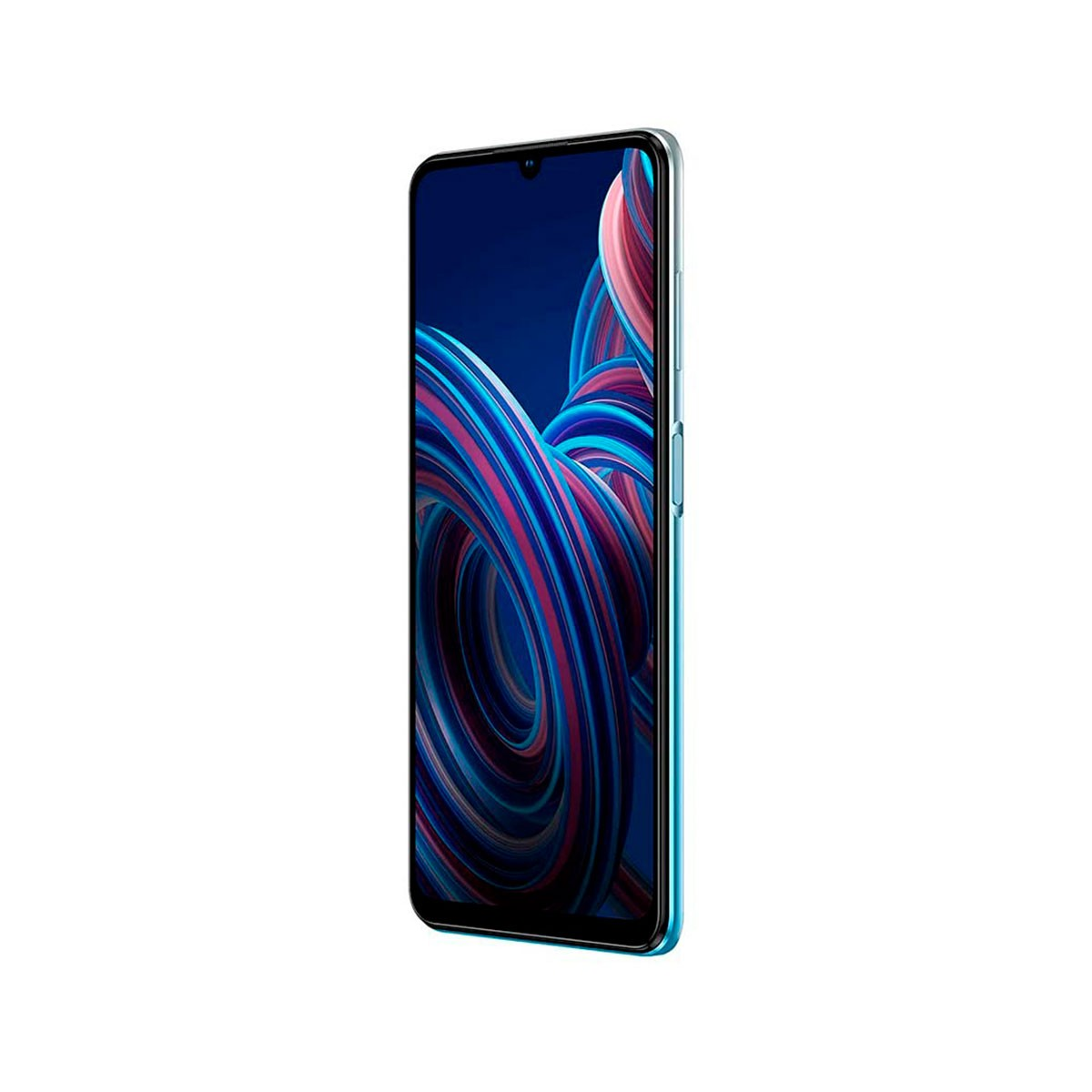 Smartphone en ángulo, mostrando un patrón de remolino azul y rosa en la pantalla.