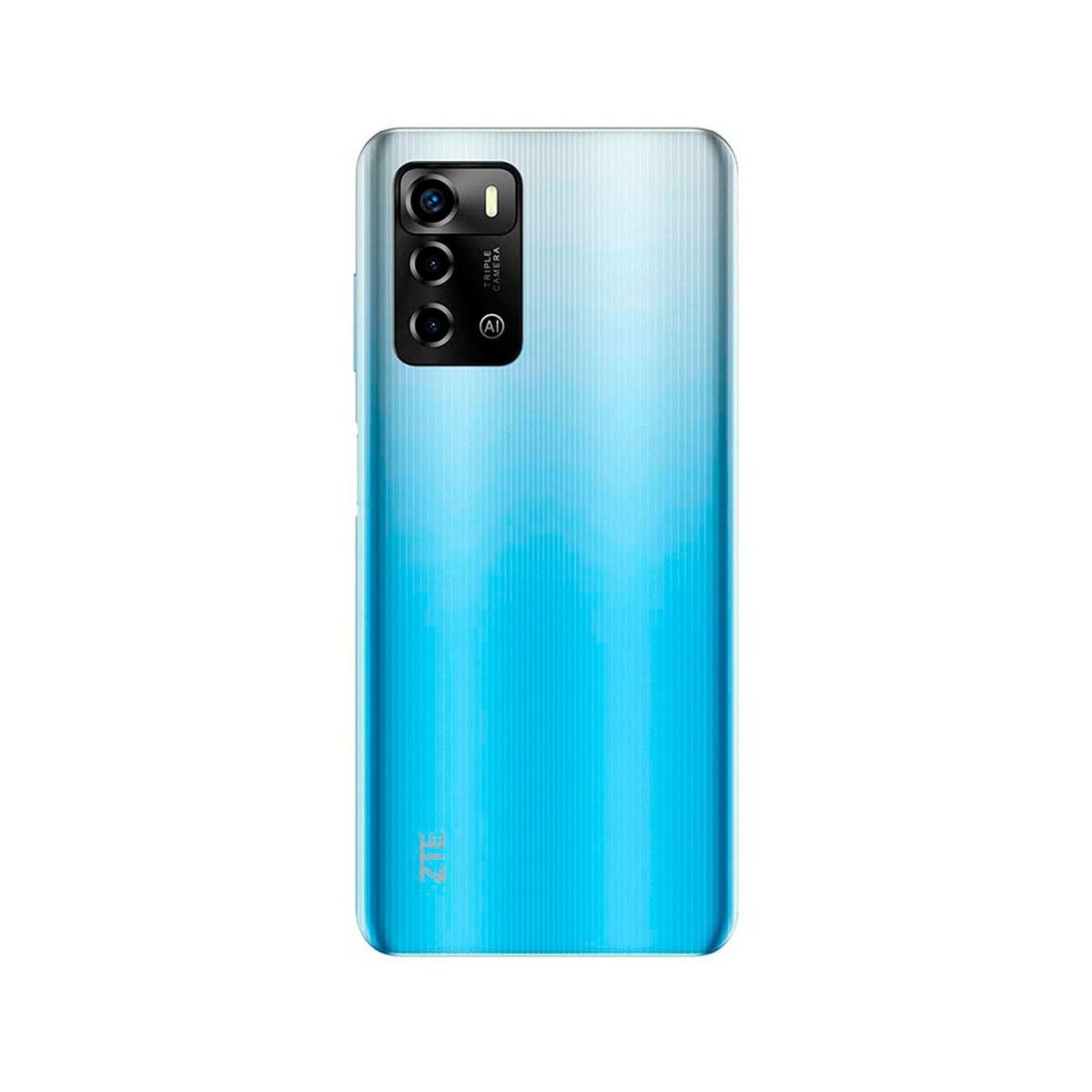 Un teléfono ZTE con gradiente azul sobre una superficie blanca. La parte trasera tiene triple cámara y logo ZTE.