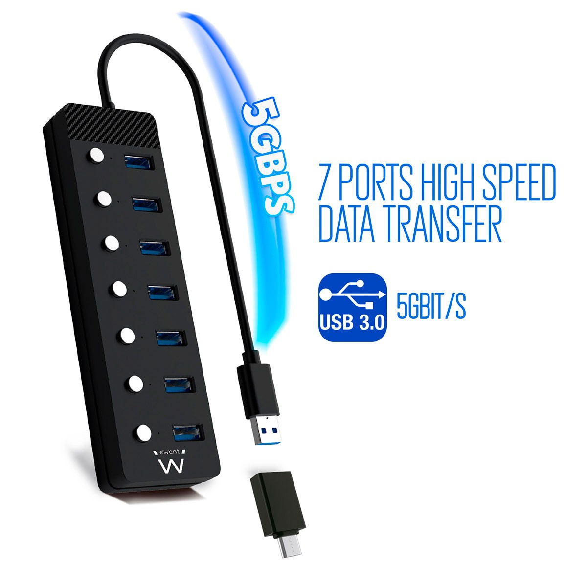 Hub USB nero con 7 porte. Testo USB 3.0 e 5GBPS. La luce blu mostra la velocità.