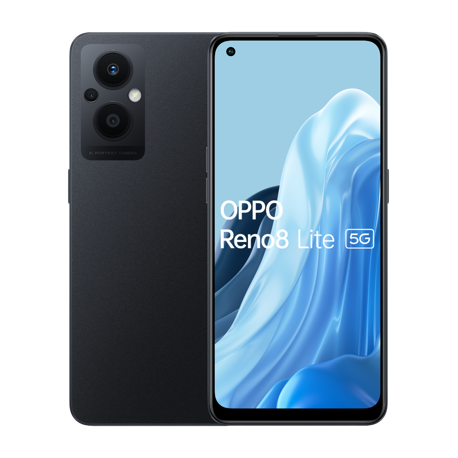 Ein schwarzes Oppo Reno8 Lite 5G Smartphone mit Dual-Kamera auf schwarzem Hintergrund.
