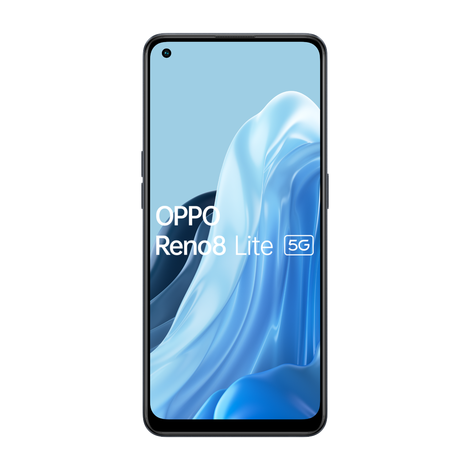 OPPO Reno8 Lite 5G Telefon. Der Bildschirm zeigt ein blau-weißes abstraktes Design.