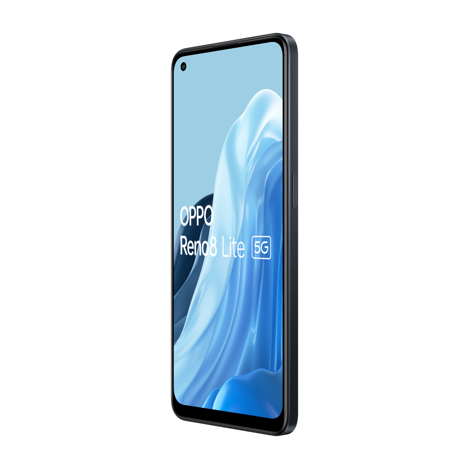 OPPO Reno8 Lite 5G Smartphone, blauer Bildschirm mit Wellen, schwarzer Rahmen, auf schwarzem Hintergrund.
